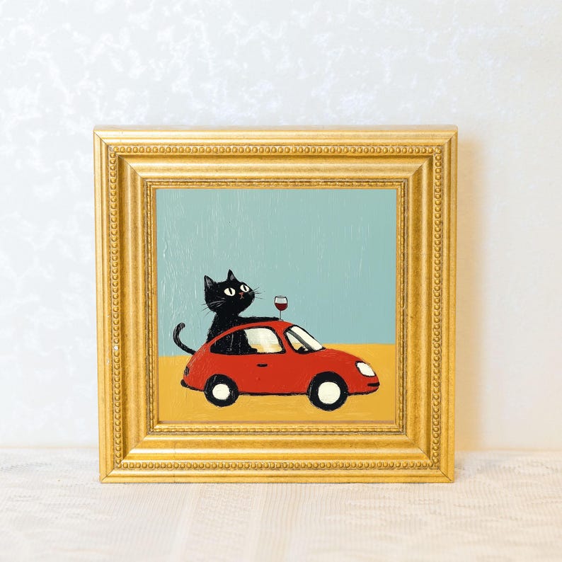 Mini Cool Cat Oil Painting in Gold Frame, Quirky Gift for Cat Lovers and Wall Decor Fans, Original Painting for House and Office Decor