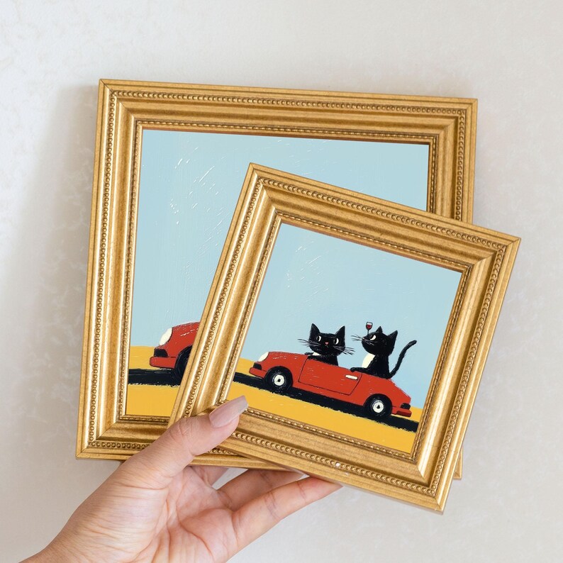 Miniature Two Cats Oil Painting in Gold Frame: Quirky Home Decor