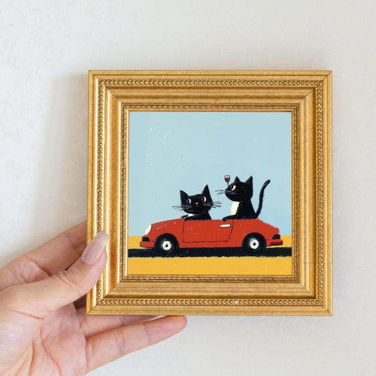 Miniature Two Cats Oil Painting in Gold Frame: Quirky Home Decor