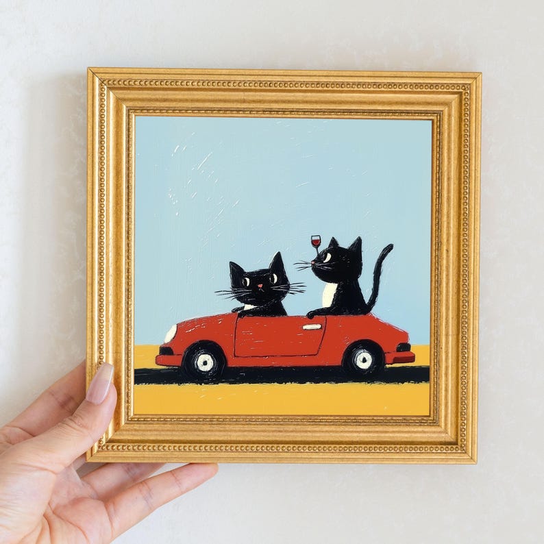 Miniature Two Cats Oil Painting in Gold Frame: Quirky Home Decor