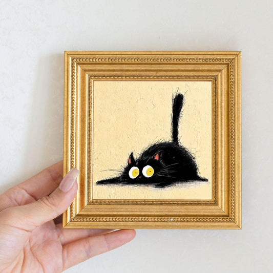 Mini Black Cat Oil Painting in Gold Frame, Quirky Gift for Cat Lovers and Wall Decor Fans, Original Painting for House and Office Decor
