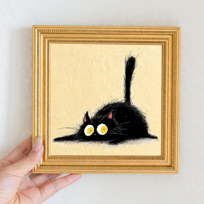 Mini Black Cat Oil Painting in Gold Frame, Quirky Gift for Cat Lovers and Wall Decor Fans, Original Painting for House and Office Decor