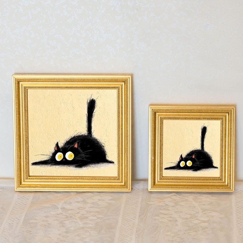 Mini Black Cat Oil Painting in Gold Frame, Quirky Gift for Cat Lovers and Wall Decor Fans, Original Painting for House and Office Decor