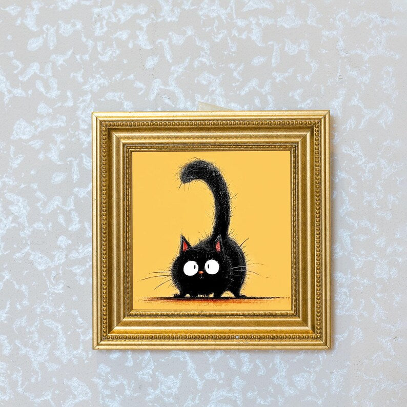 Mini Black Cat Oil Painting in Gold Frame, Quirky Gift for Cat Lovers and Wall Decor Fans, Original Painting for House and Office Decor