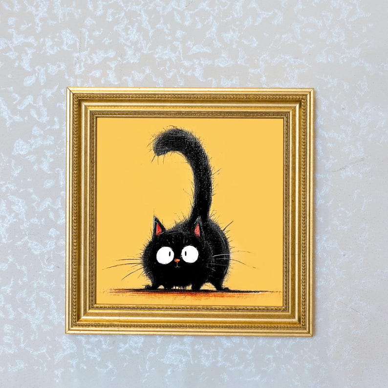 Mini Black Cat Oil Painting in Gold Frame, Quirky Gift for Cat Lovers and Wall Decor Fans, Original Painting for House and Office Decor