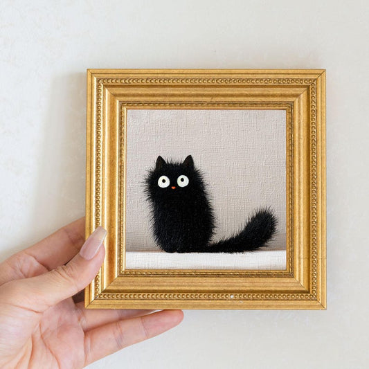 Mini Black Cat Oil Painting: Gold Frame, Quirky Cat Lover Gift