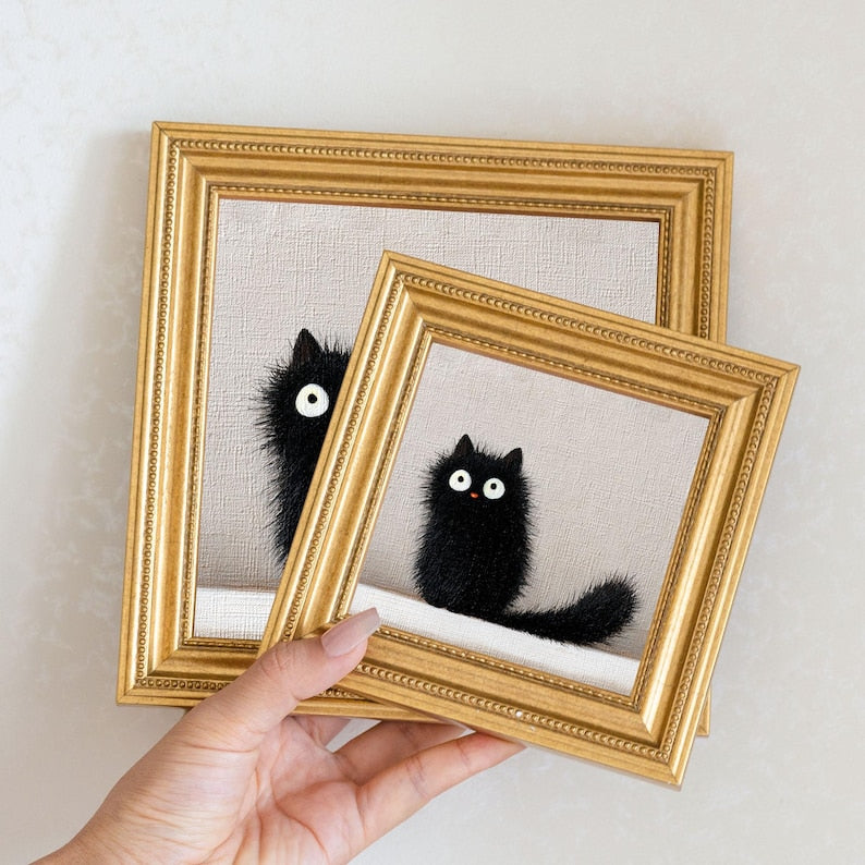Mini Black Cat Oil Painting: Gold Frame, Quirky Cat Lover Gift
