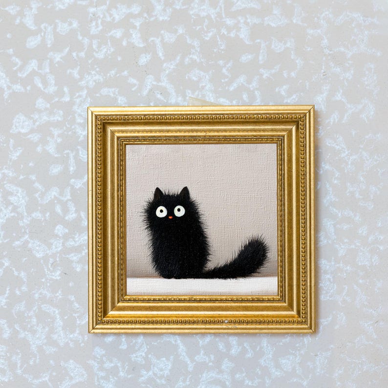 Mini Black Cat Oil Painting: Gold Frame, Quirky Cat Lover Gift