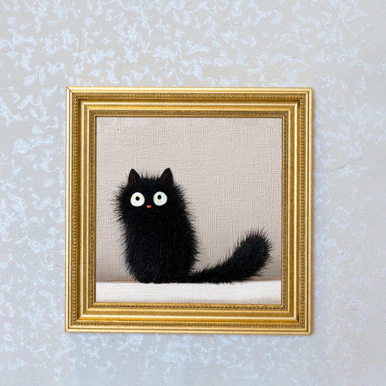 Mini Black Cat Oil Painting: Gold Frame, Quirky Cat Lover Gift