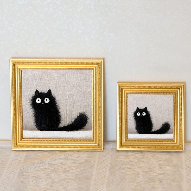 Mini Black Cat Oil Painting: Gold Frame, Quirky Cat Lover Gift