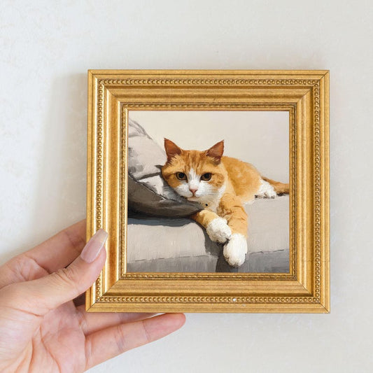 Miniature Tabby Cat Oil Painting in Gold Frame: Whimsical Wall Art