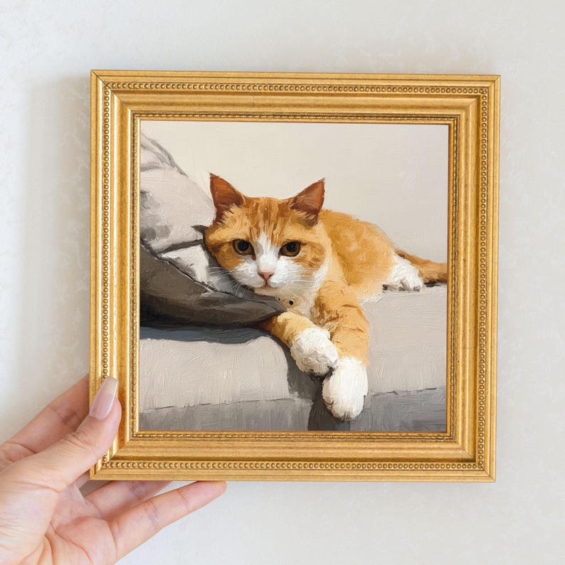 Miniature Tabby Cat Oil Painting in Gold Frame: Whimsical Wall Art