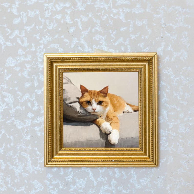 Miniature Tabby Cat Oil Painting in Gold Frame: Whimsical Wall Art