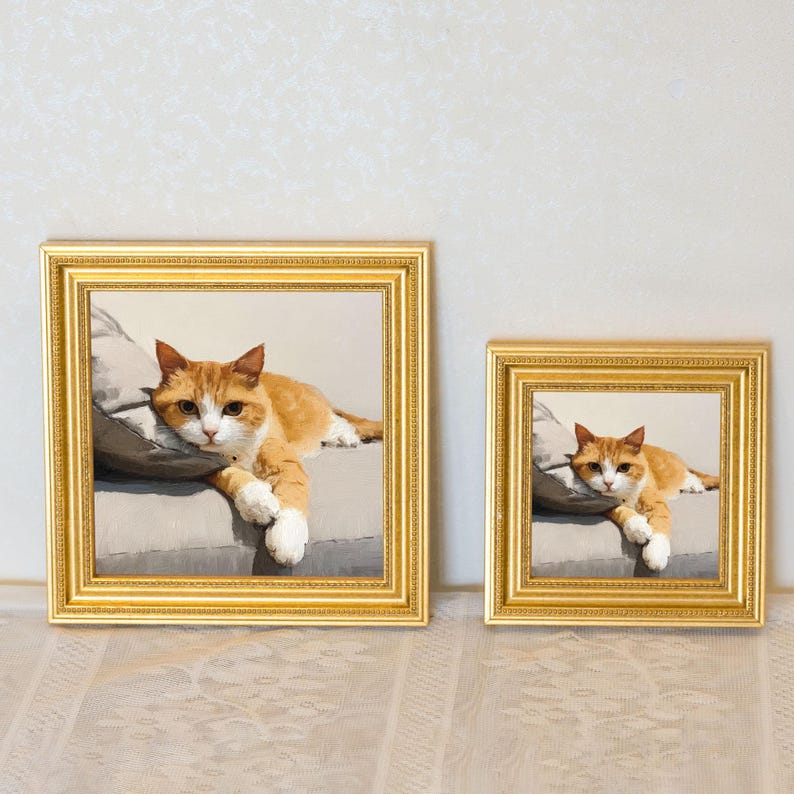 Miniature Tabby Cat Oil Painting in Gold Frame: Whimsical Wall Art