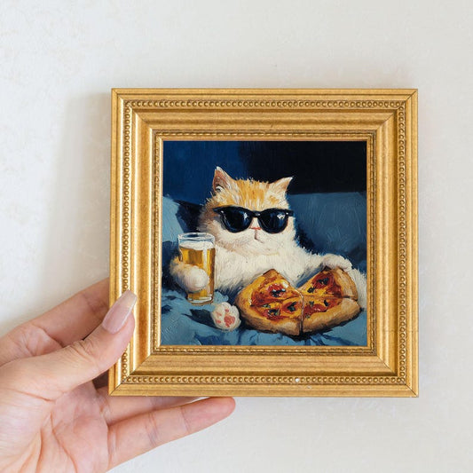 Mini Cool Cat Oil Painting in Gold Frame, Quirky Gift for Cat Lovers and Wall Decor Fans, Original Painting for House and Office Decor
