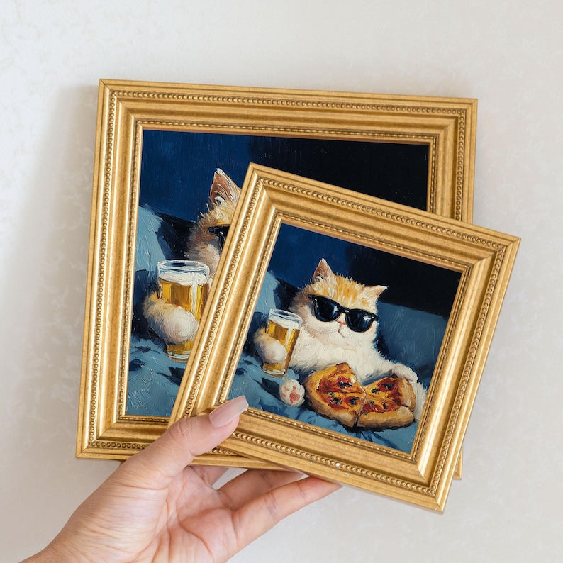 Mini Cool Cat Oil Painting in Gold Frame, Quirky Gift for Cat Lovers and Wall Decor Fans, Original Painting for House and Office Decor