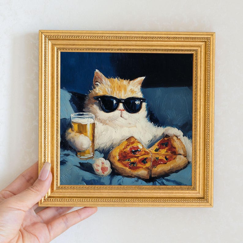 Mini Cool Cat Oil Painting in Gold Frame, Quirky Gift for Cat Lovers and Wall Decor Fans, Original Painting for House and Office Decor