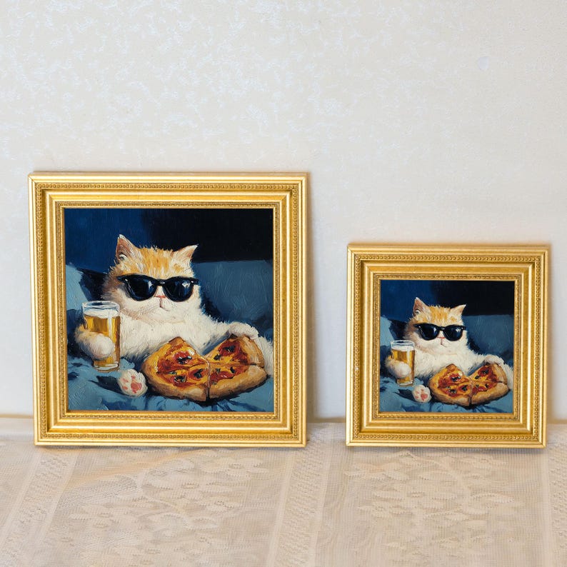 Mini Cool Cat Oil Painting in Gold Frame, Quirky Gift for Cat Lovers and Wall Decor Fans, Original Painting for House and Office Decor