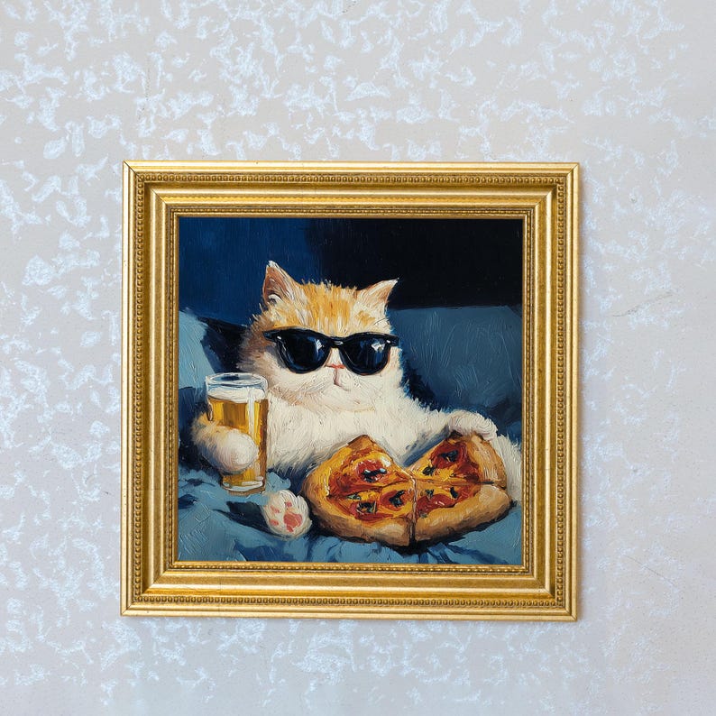 Mini Cool Cat Oil Painting in Gold Frame, Quirky Gift for Cat Lovers and Wall Decor Fans, Original Painting for House and Office Decor