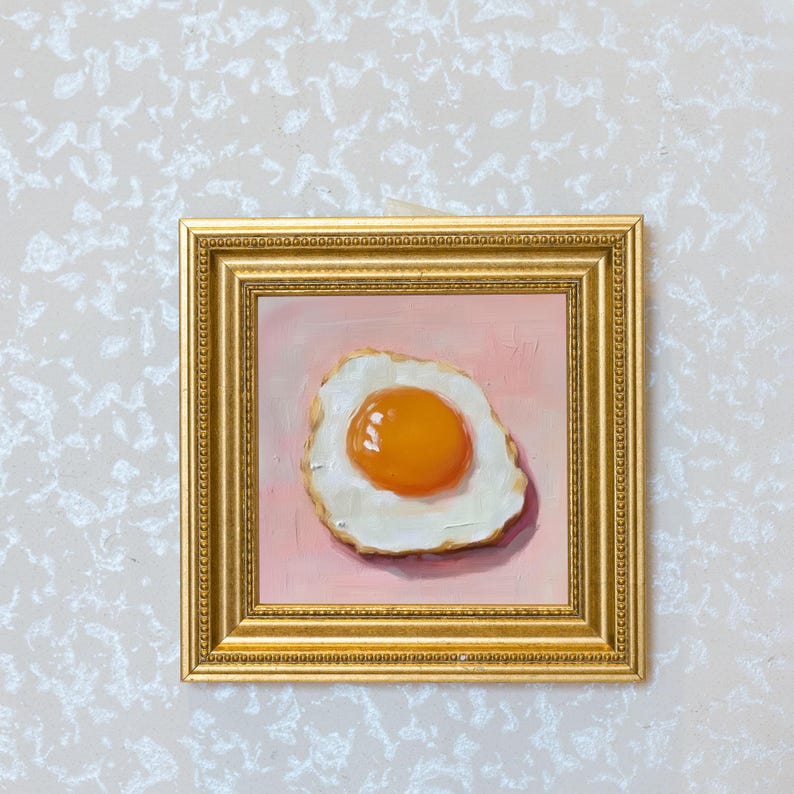 Mini Egg Oil Painting in Gold Frame: Vintage Kitchen Still Life