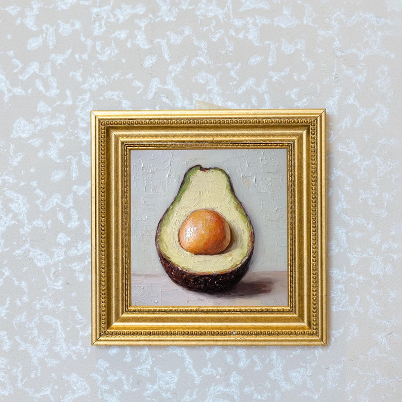 Mini Avocado Oil Painting in Gold Frame: Kitchen Still Life Art