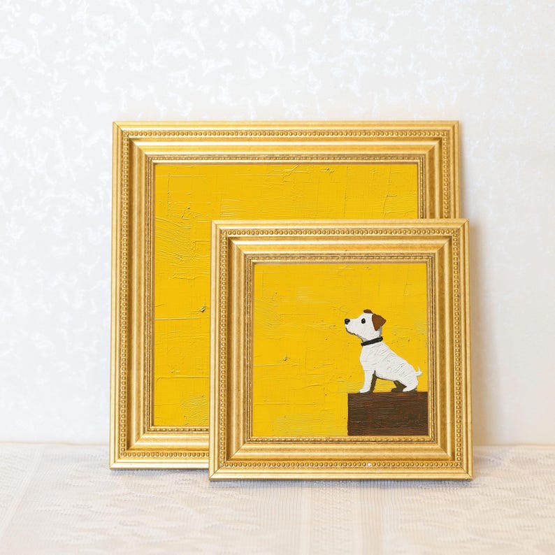 Original Dog Oil Painting in Gold Frame: Quirky Puppy Art