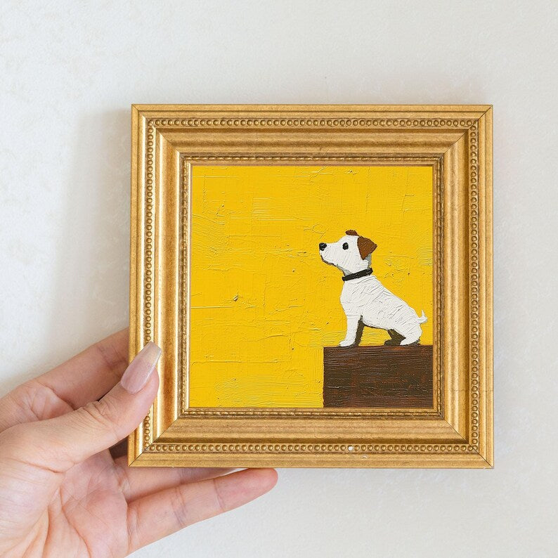Original Dog Oil Painting in Gold Frame: Quirky Puppy Art