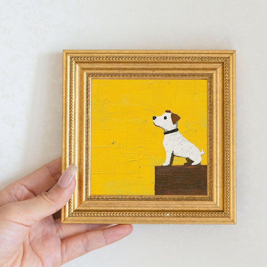 Original Dog Oil Painting in Gold Frame: Quirky Puppy Art