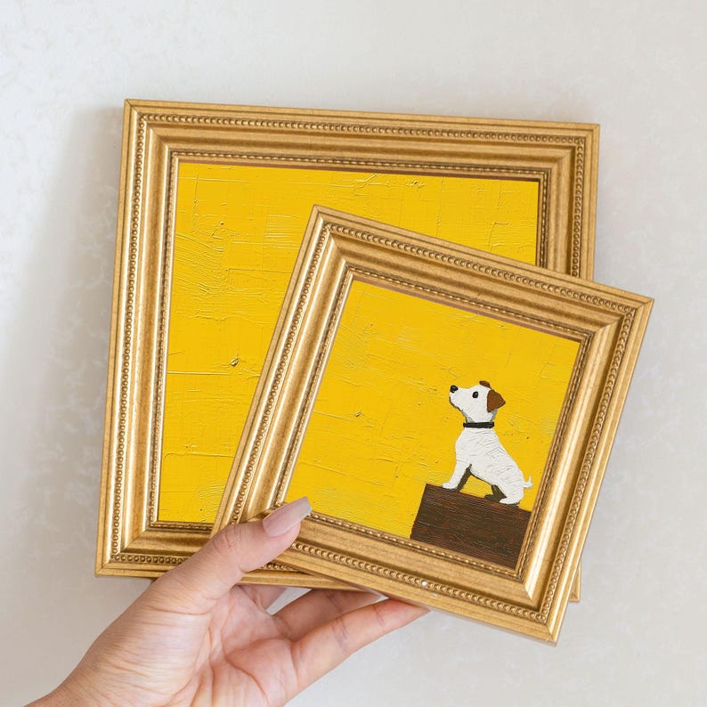 Original Dog Oil Painting in Gold Frame: Quirky Puppy Art