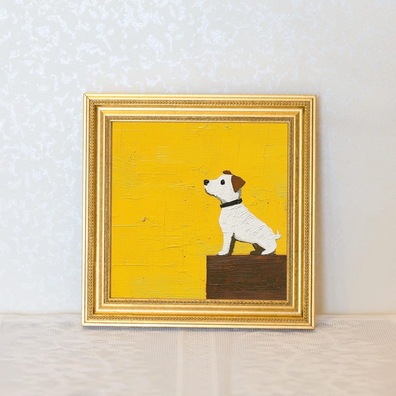 Original Dog Oil Painting in Gold Frame: Quirky Puppy Art