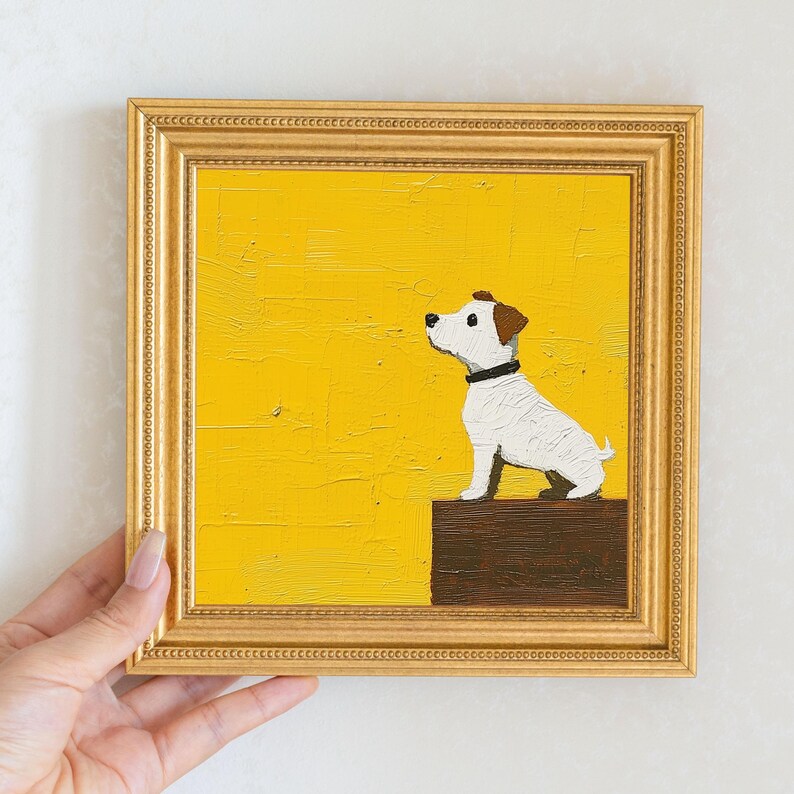 Original Dog Oil Painting in Gold Frame: Quirky Puppy Art