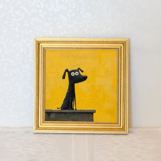 Original Dog Oil Painting in Gold Frame: Quirky Puppy Art