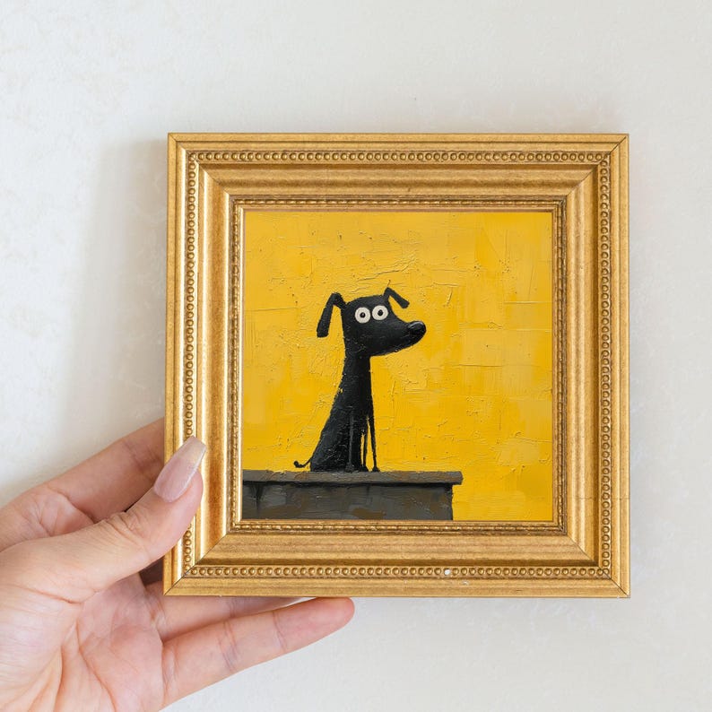 Original Dog Oil Painting in Gold Frame: Quirky Puppy Art