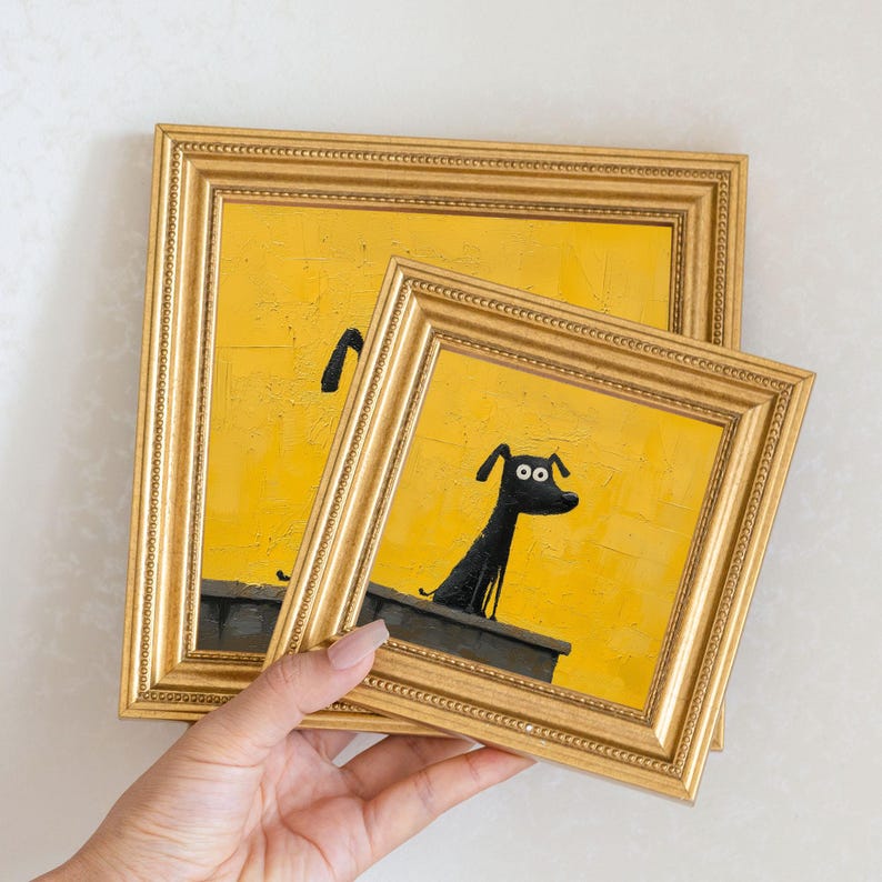 Original Dog Oil Painting in Gold Frame: Quirky Puppy Art