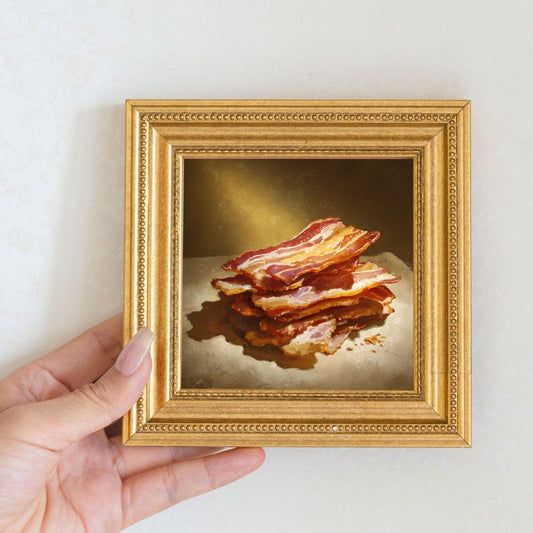 Small Crispy Bacon Oil Painting in Gold Frame, Still Life Art Gift for Wall Decor Lover, Original Painting for French Kitchen and Bar Decor