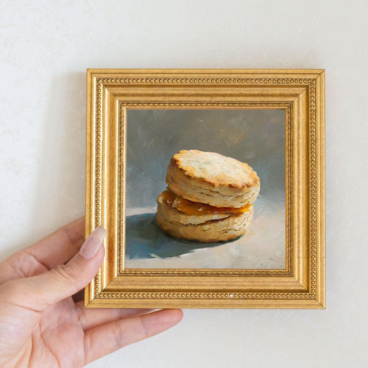 Mini Biscuit Oil Painting in Gold Frame, Still Life Art Gift for Wall Decor Lover and Foodie, Original Painting for French Kitchen Decor