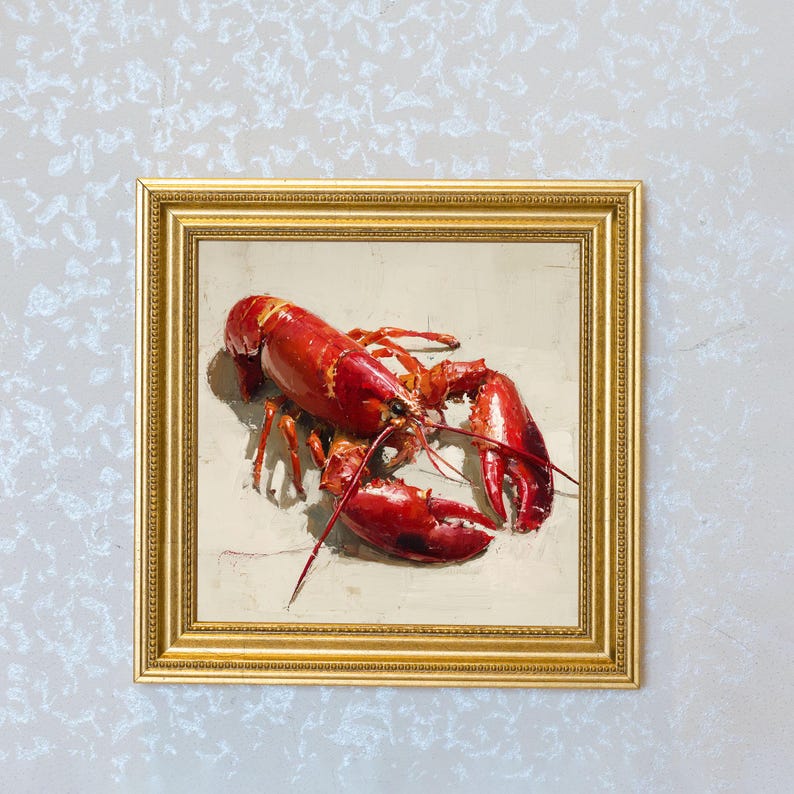 Mini Lobster Oil Painting in Gold Frame, Still Life Art Gift for Wall Decor Lover and Foodie, Original Painting for Coastal Kitchen Decor