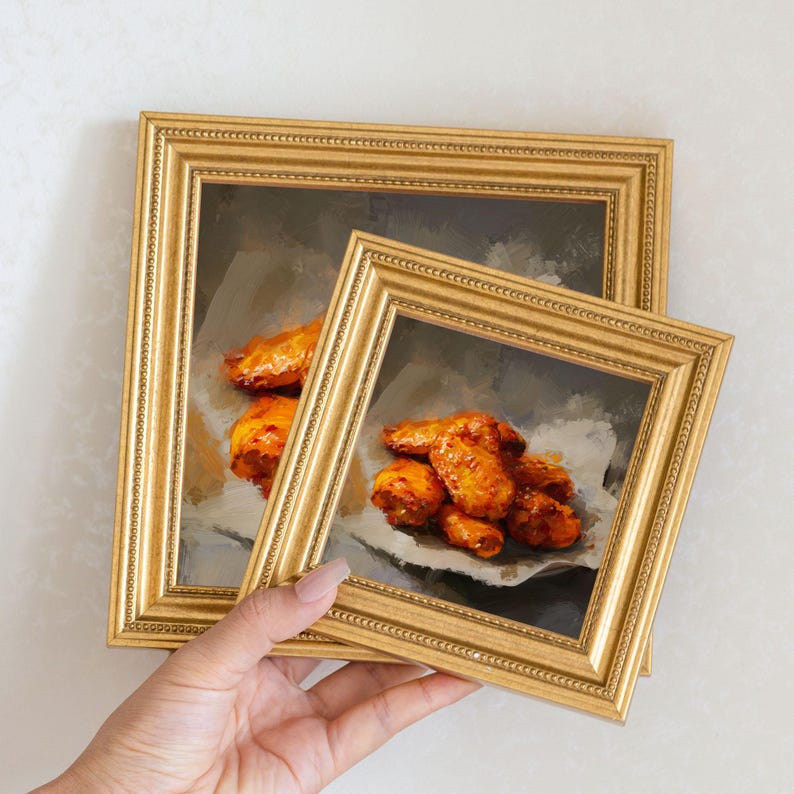 Fried Chicken Wing Oil Painting in Gold Frame, Still Life Art Gift for Wall Decor Lover and Foodie, Original Painting for Kitchen Decor