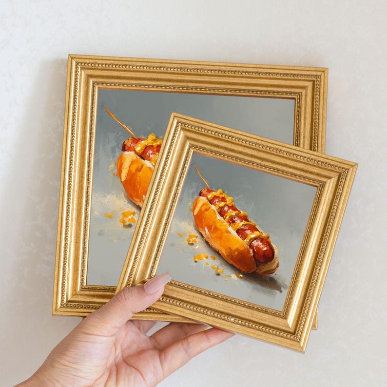 Mini Hot Dog Oil Painting in Gold Frame, Still Life Art Gift for Wall Decor Lover and Foodie, Original Painting for Kitchen Decor