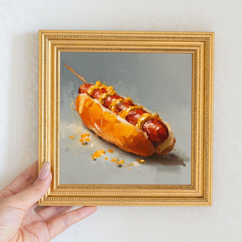 Mini Hot Dog Oil Painting in Gold Frame, Still Life Art Gift for Wall Decor Lover and Foodie, Original Painting for Kitchen Decor