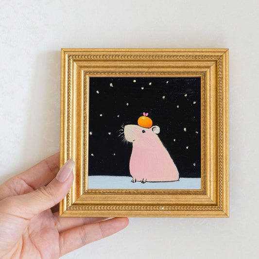 Mini Guinea Pig Oil Painting in Gold Frame: Quirky Animal Lover Gift