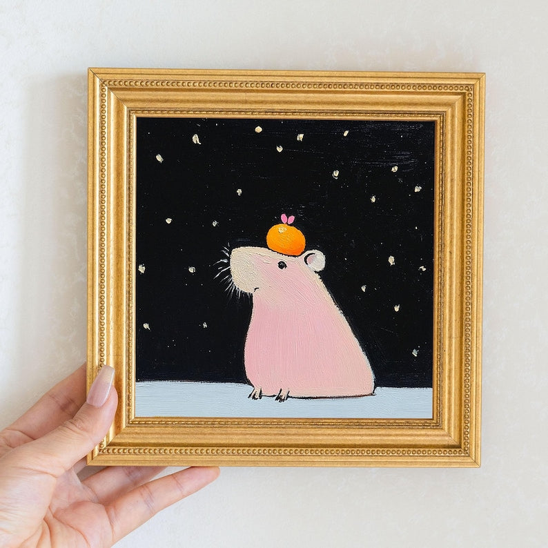 Mini Guinea Pig Oil Painting in Gold Frame: Quirky Animal Lover Gift