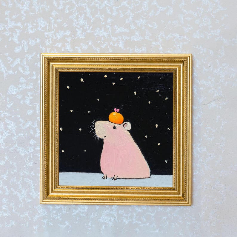 Mini Guinea Pig Oil Painting in Gold Frame: Quirky Animal Lover Gift