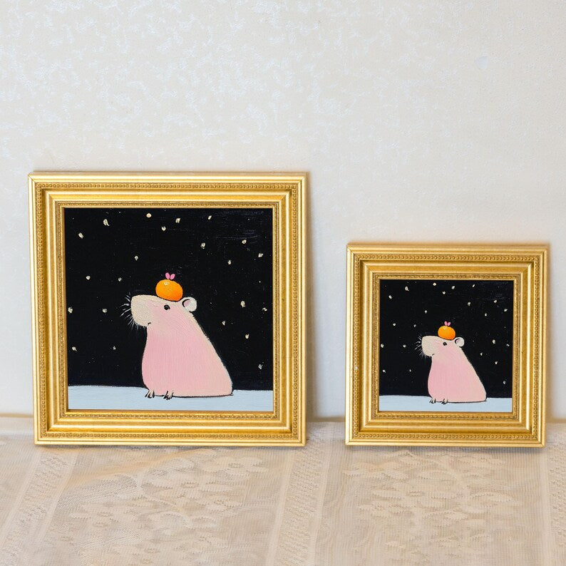 Mini Guinea Pig Oil Painting in Gold Frame: Quirky Animal Lover Gift
