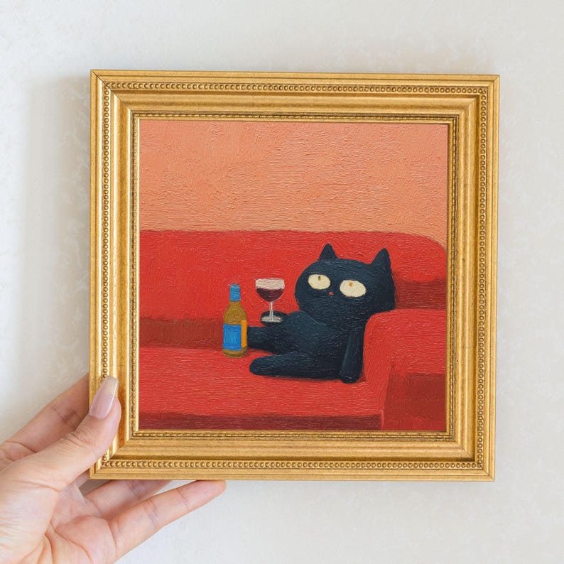 Mini Drunk Cat Oil Painting in Gold Frame: Quirky Wall Decor