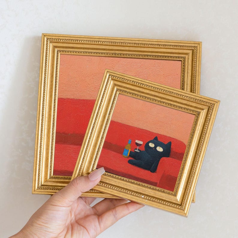 Mini Drunk Cat Oil Painting in Gold Frame: Quirky Wall Decor