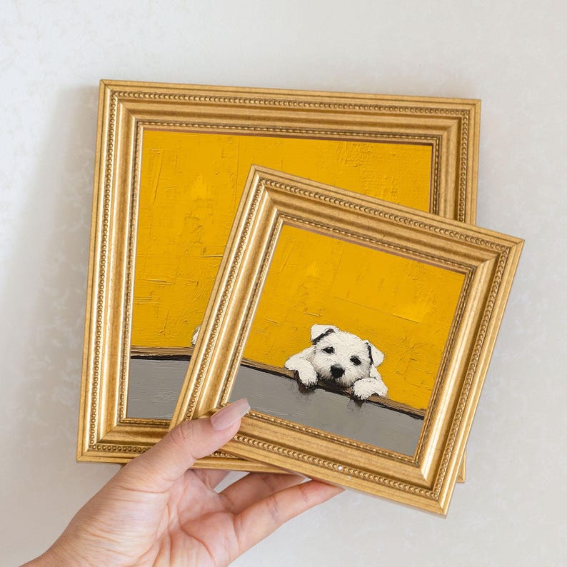 Mini Puppy Oil Painting in Gold Frame: Hand-Painted Dog Wall Art