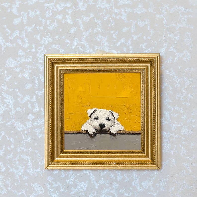 Mini Puppy Oil Painting in Gold Frame: Hand-Painted Dog Wall Art