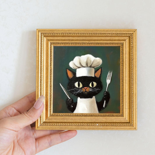 Mini Chef Cat Oil Painting in Gold Frame: Hand-Painted Kitchen Art