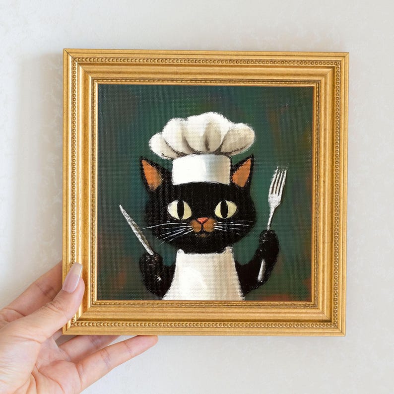 Mini Chef Cat Oil Painting in Gold Frame: Hand-Painted Kitchen Art